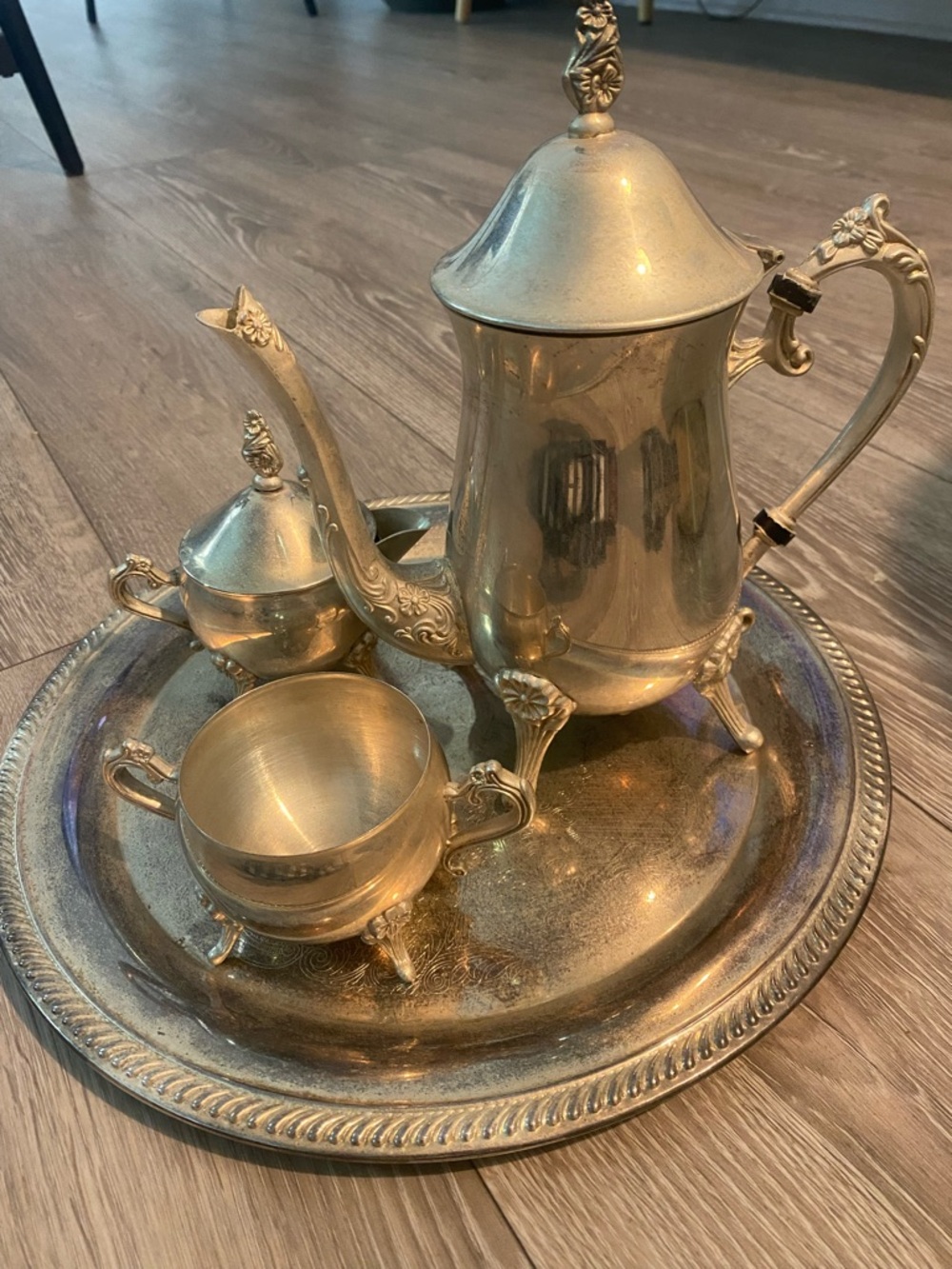 Vintage Silver-Plated Tea Set with Tray - Gold Tone Antique
